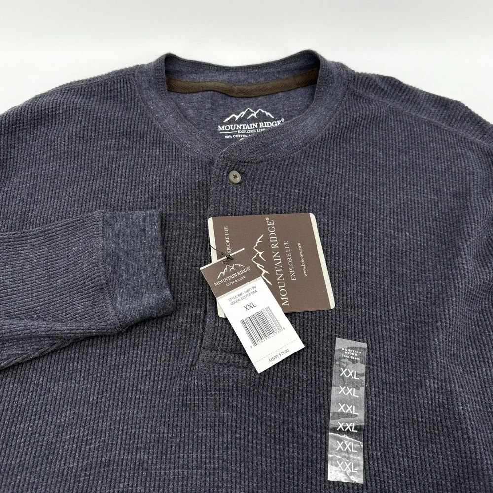 Mountain Ridge Henley Shirt Mens XXL Long Sleeve Blue Cotton Polyester easy care